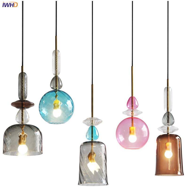 LED Suspension Light with Colored Glass Shade in Brushed Coffee Style