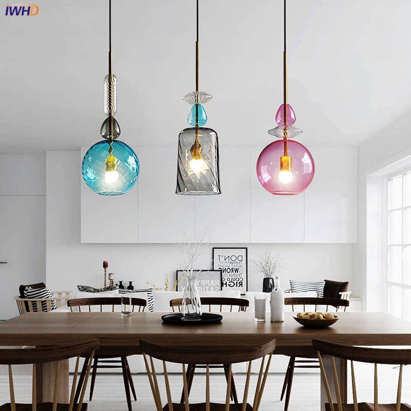 LED Suspension Light with Colored Glass Shade in Brushed Coffee Style