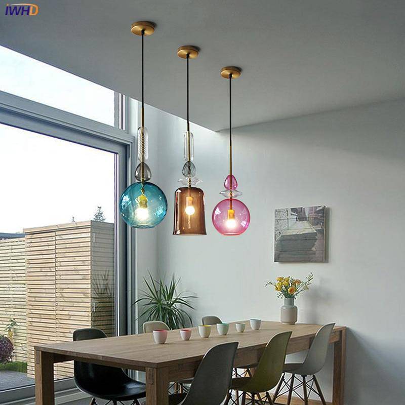 LED Suspension Light with Colored Glass Shade in Brushed Coffee Style