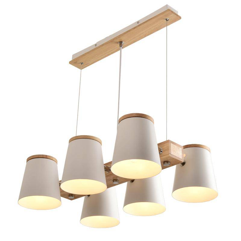 Adjustable Metal Shade Wooden Chandelier for Dining Room