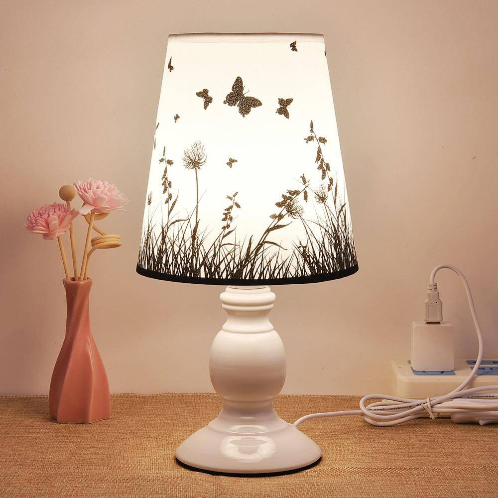 White Bedside Lamp with Fabric Shade Featuring Butterfly and Flowers