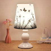 White Bedside Lamp with Fabric Shade Featuring Butterfly and Flowers