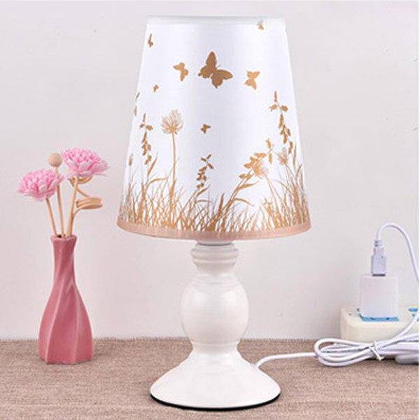 White Bedside Lamp with Fabric Shade Featuring Butterfly and Flowers