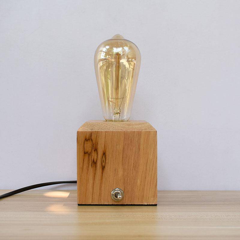 Desk or Nightstand Lamp with Wooden Cube Base