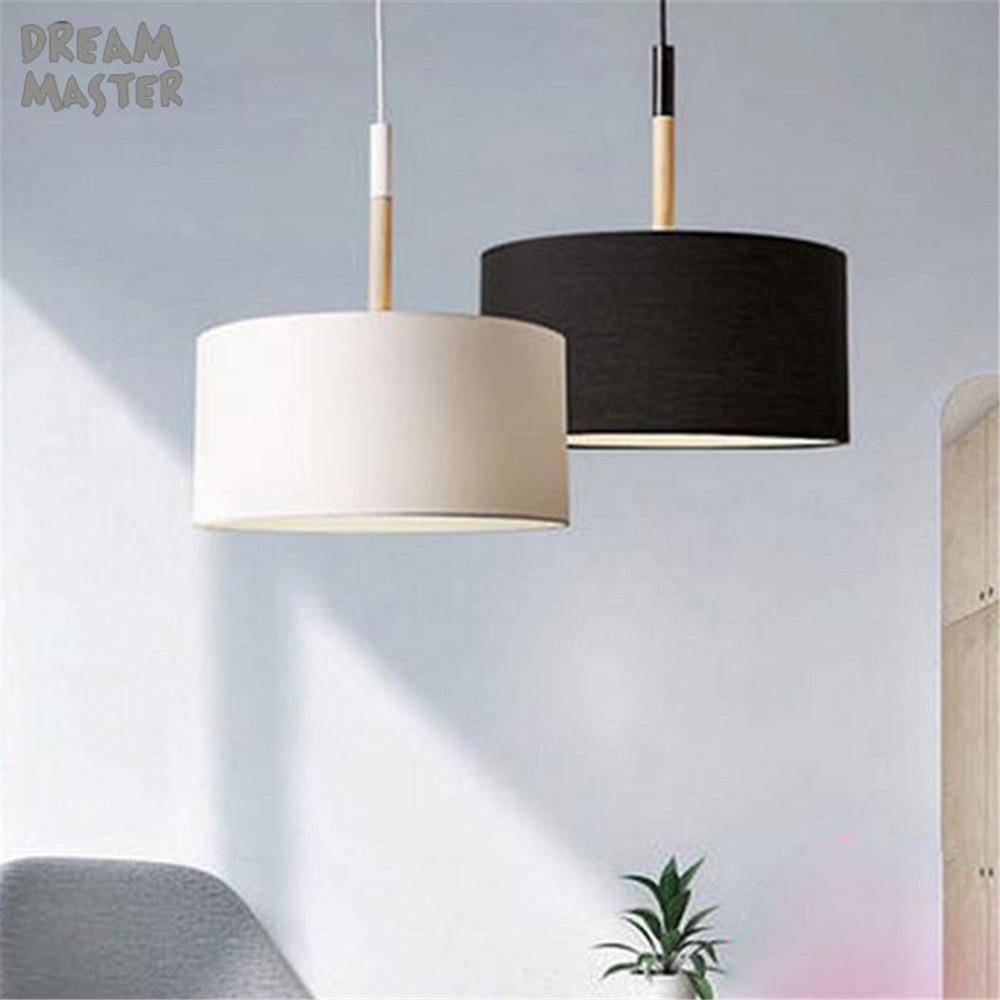 Modern LED Pendant Light with Fabric Shade and Wooden Rod (Black or White)