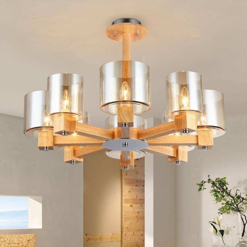 Wooden Chandelier with Glass Shade