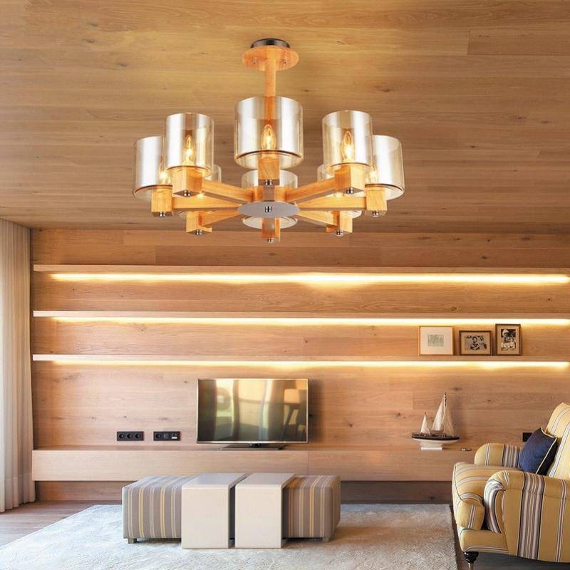 Wooden Chandelier with Glass Shade