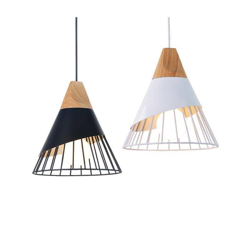 Cone-Shaped Metal Cage Pendant Light with Wooden Base