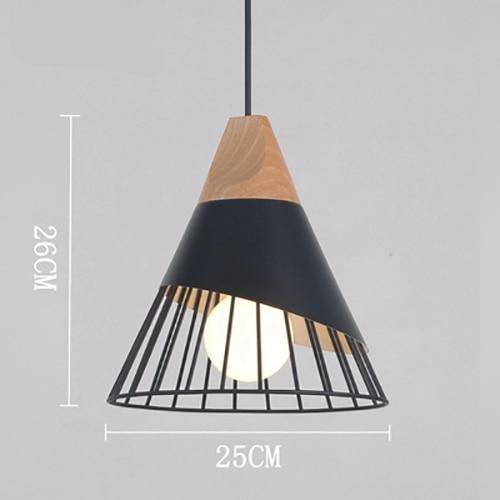 Cone-Shaped Metal Cage Pendant Light with Wooden Base