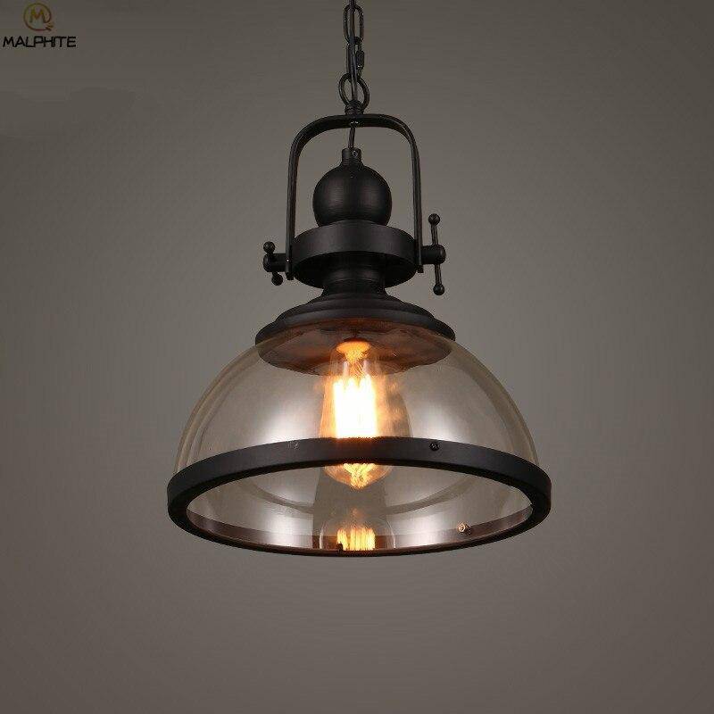 Industrial LED Pendant Light with Black Metal and Glass Shade