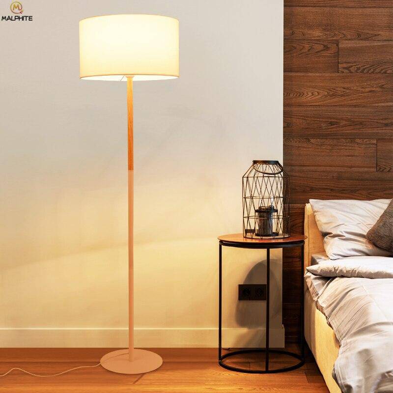 Fabric Shade Floor Lamp with Wooden Base