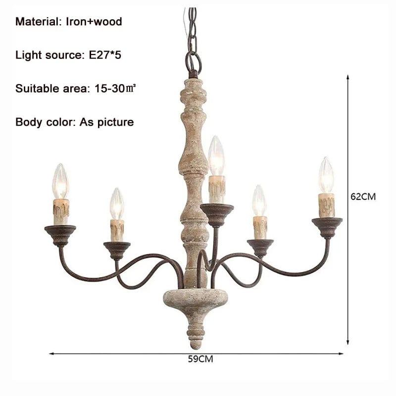 Retro American French Wooden Chandelier for Home & Restaurant Norenza