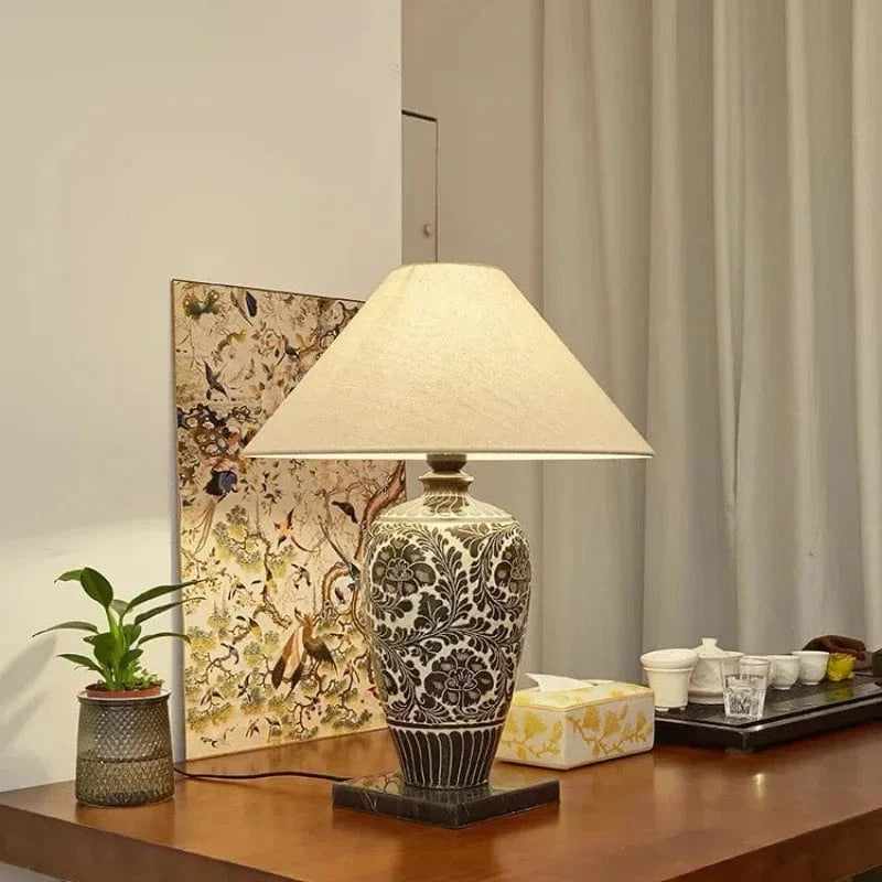 Retro Chinese Ceramic Desk Lamp with Fabric Shade Black Norenza