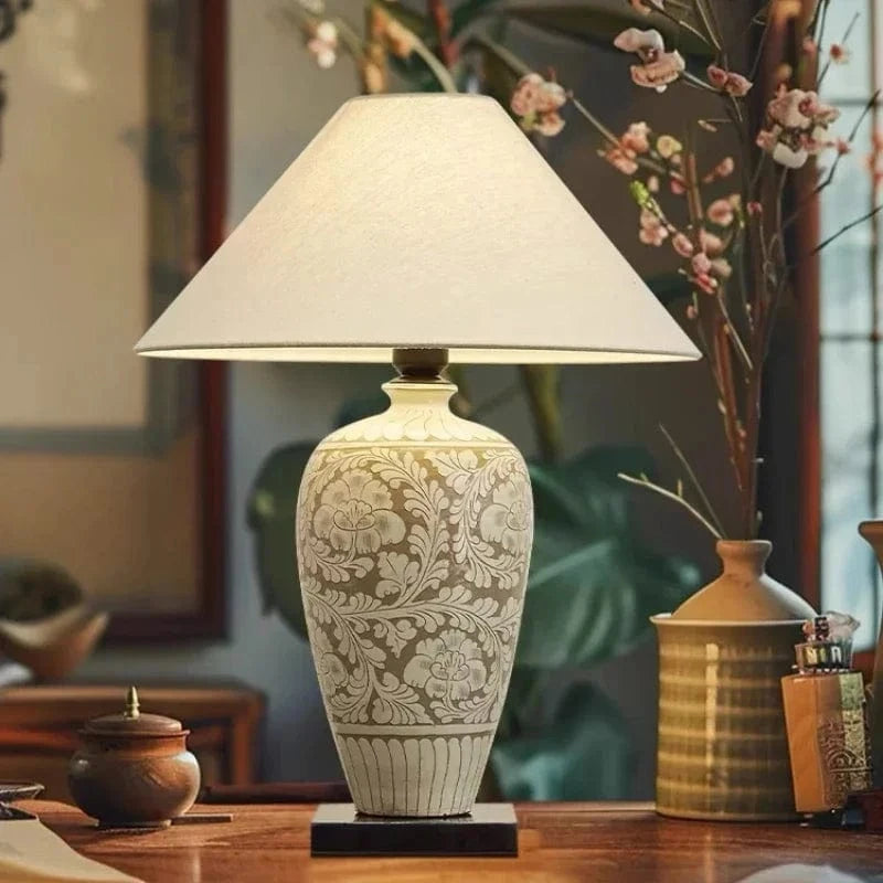 Retro Chinese Ceramic Desk Lamp with Fabric Shade Norenza