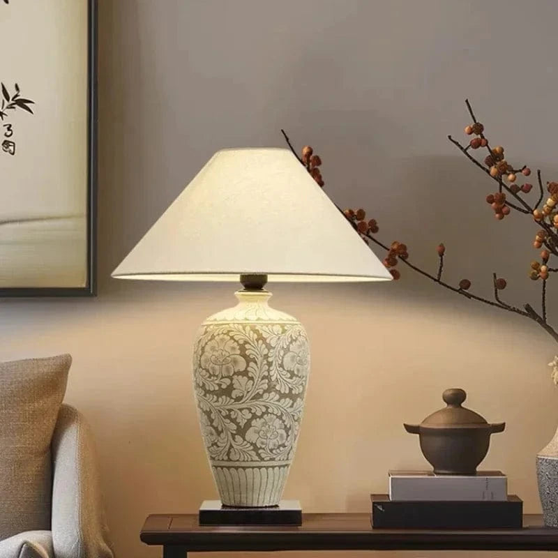 Retro Chinese Ceramic Desk Lamp with Fabric Shade White Norenza