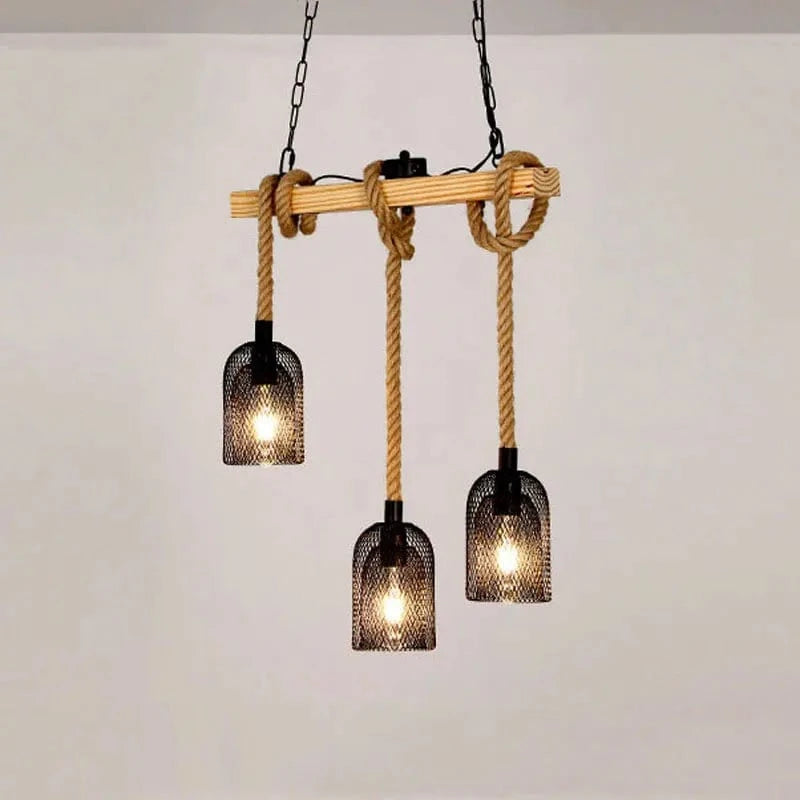 Retro Industrial Chandelier with 3 Wooden Heads and Hemp Rope Norenza