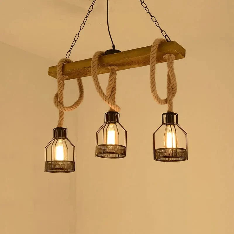 Retro Industrial Chandelier with 3 Wooden Heads and Hemp Rope Norenza