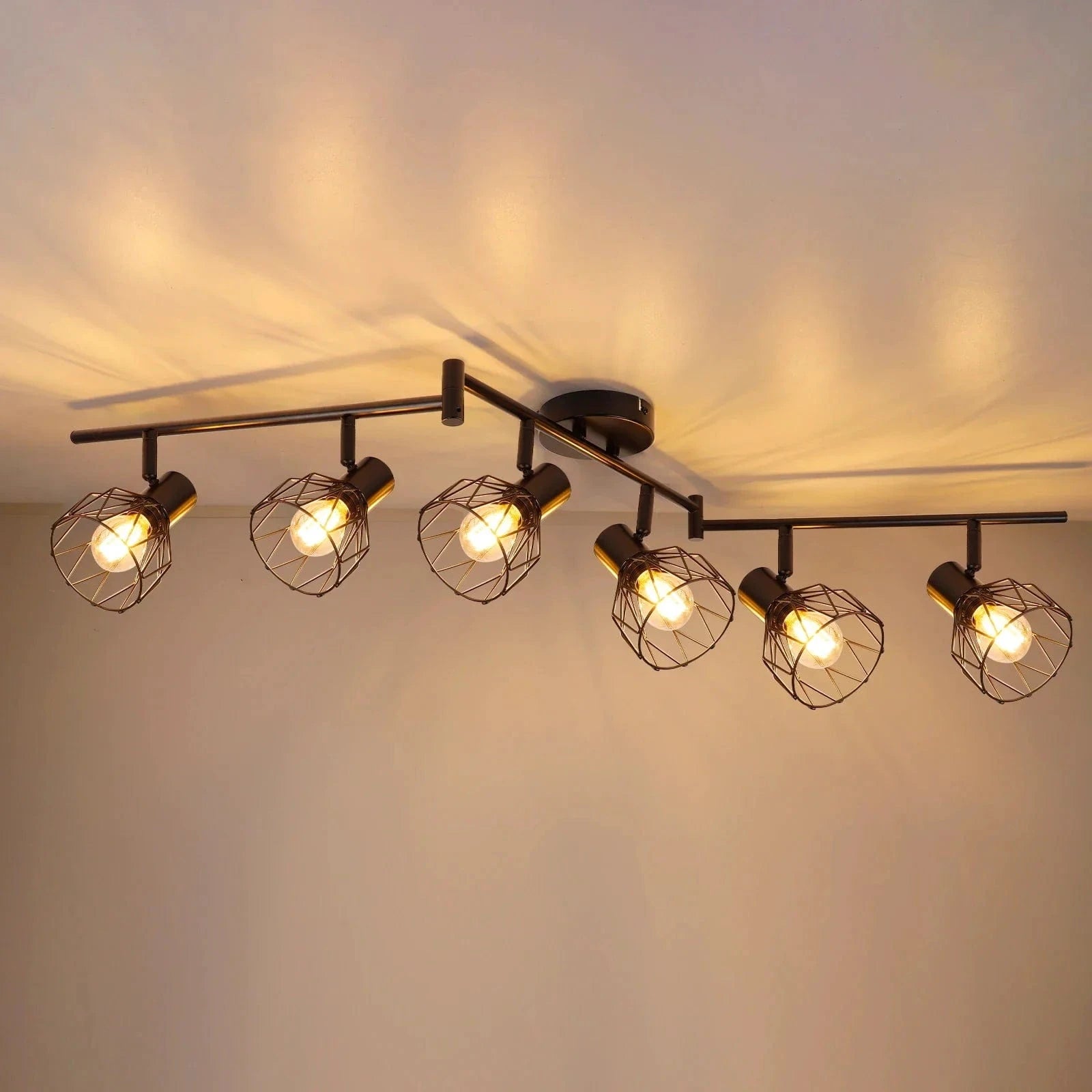 Rotatable 6-Way LED Ceiling Light - Black/White Metal Cage E14 Black Norenza