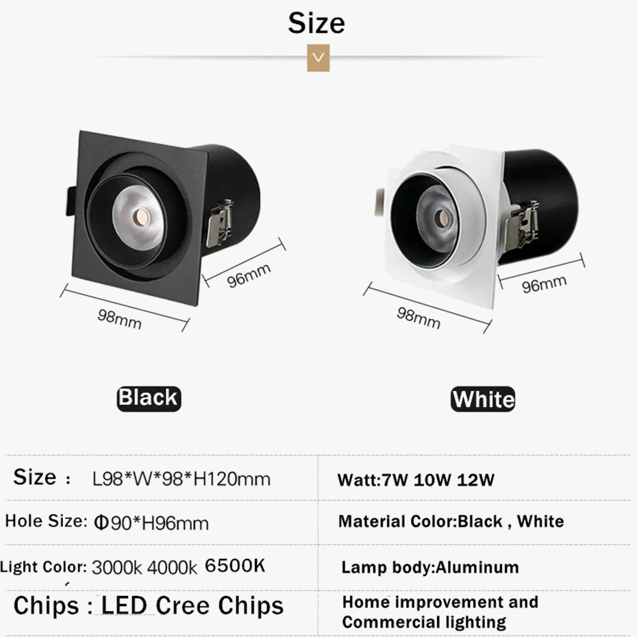 Adjustable Square LED Recessed Spotlight with Flexible Rotation for Home
