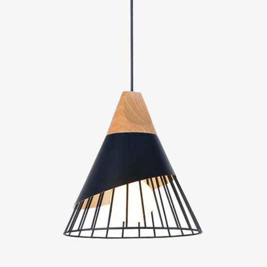 Cone-Shaped Metal Cage Pendant Light with Wooden Base