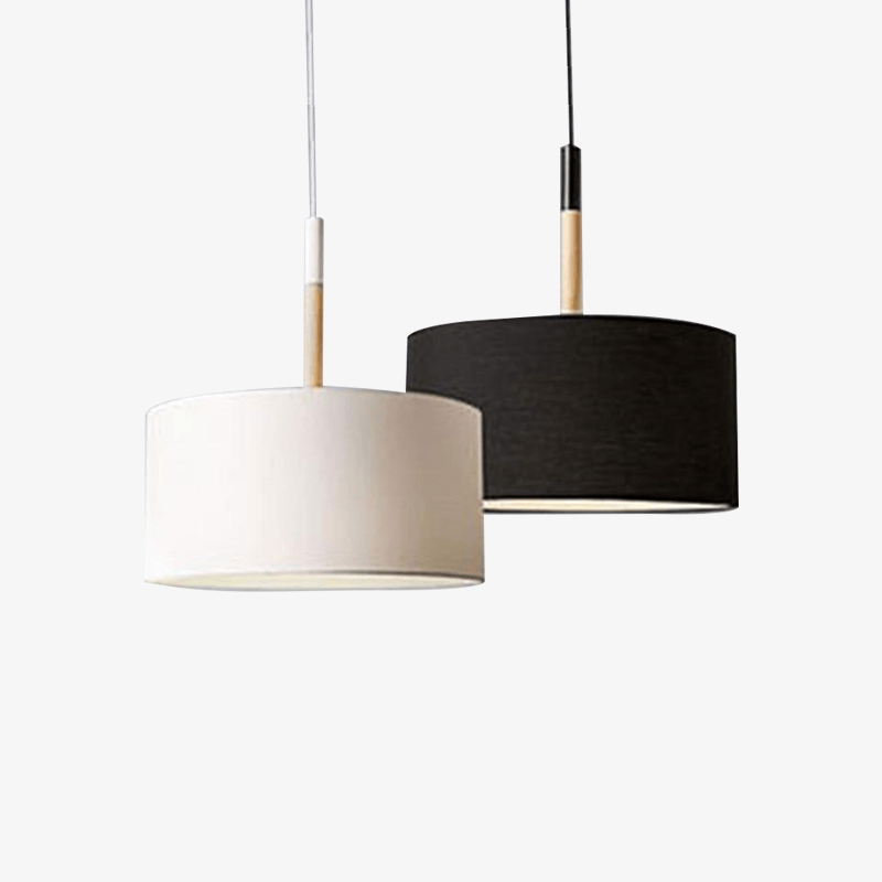 Modern LED Pendant Light with Fabric Shade and Wooden Rod (Black or White)
