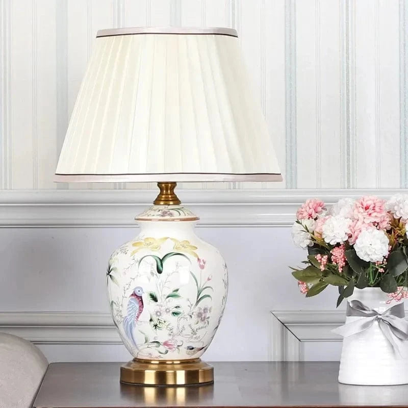 Vintage Ceramic Desk Lamp with Floral and Bird Patterns Norenza