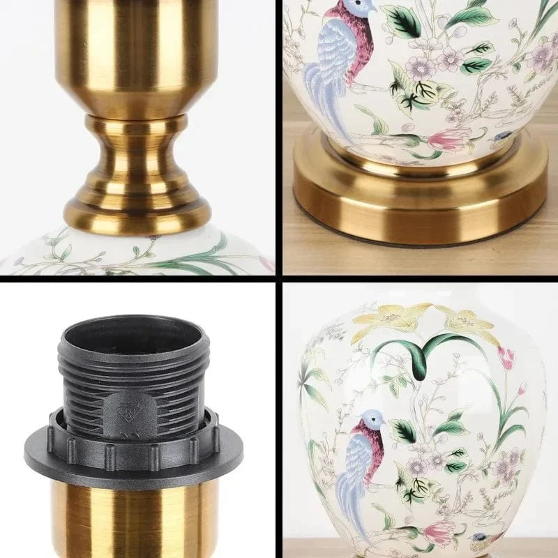 Vintage Ceramic Desk Lamp with Floral and Bird Patterns Norenza