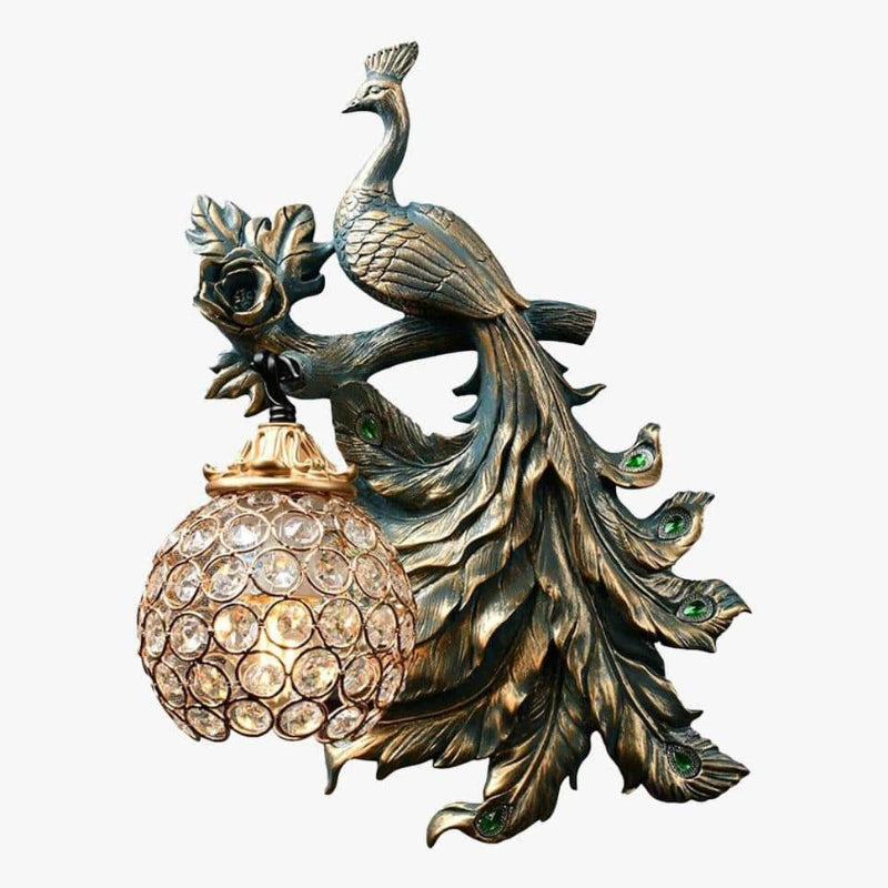 Vintage LED Wall Sconce with Glass Globe and Metal Peacock