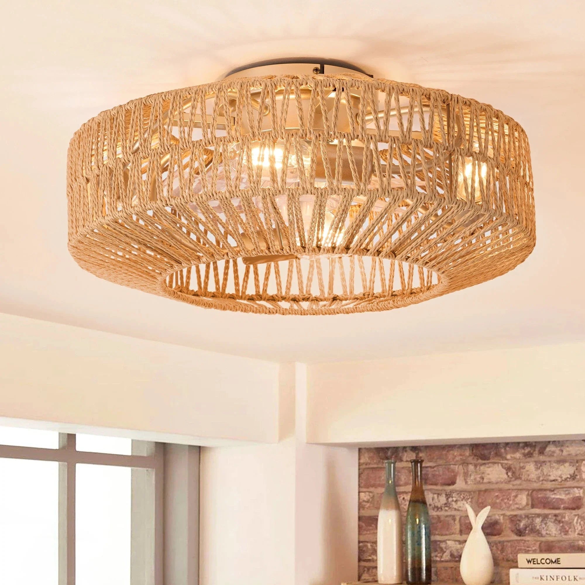 Vintage Rattan Ceiling Fan with Light and Remote Control Norenza