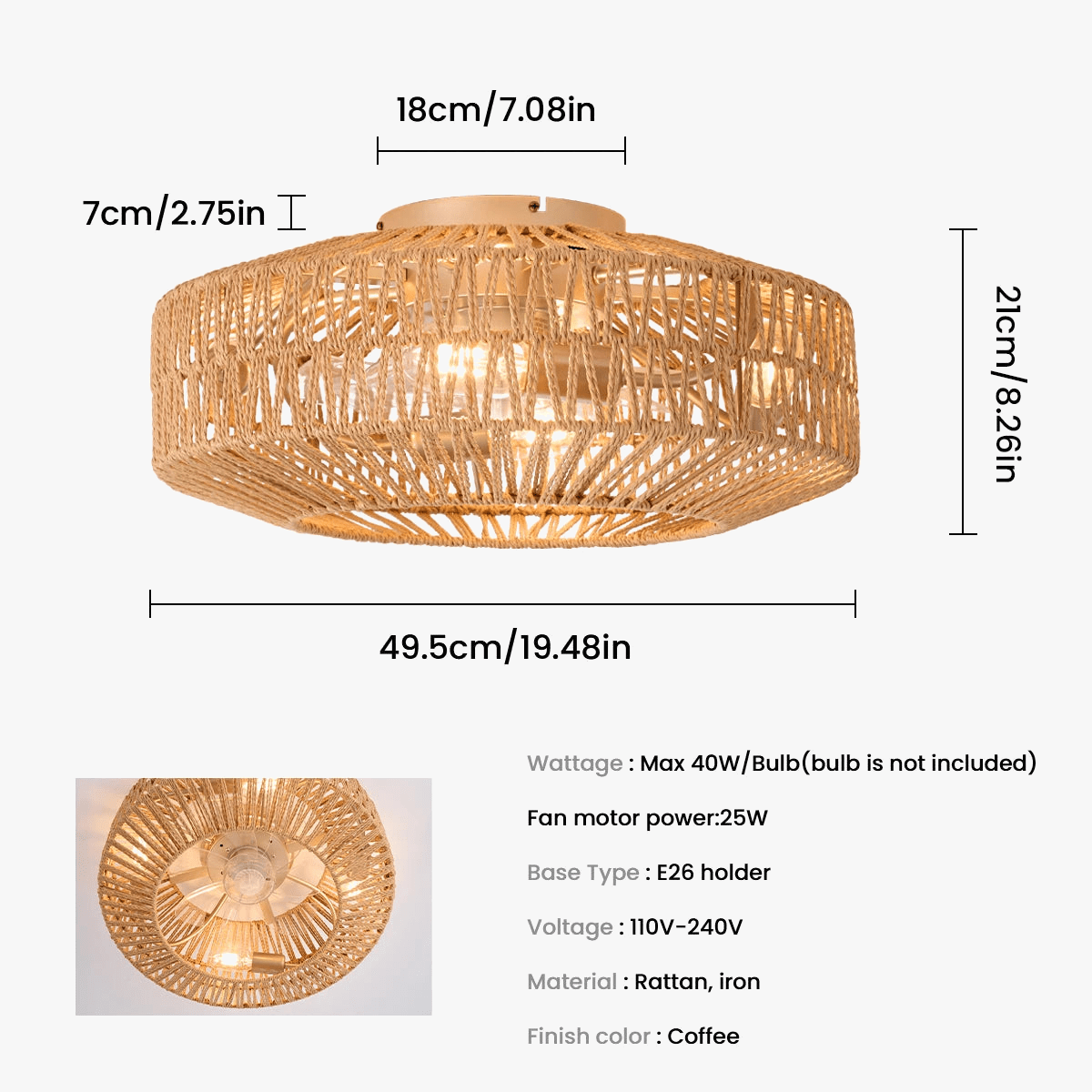 Vintage Rattan Ceiling Fan with Light and Remote Control Norenza