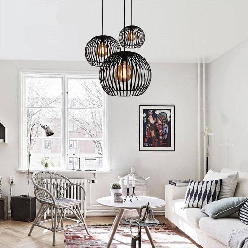 Vintage Round Cage Pendant Light (Black or White) Norenza