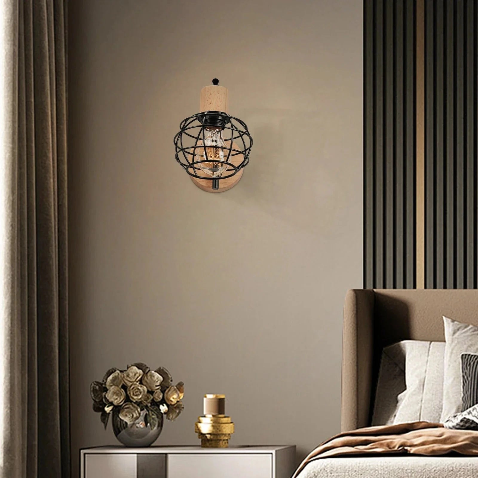 Vintage Wood Wall Sconce with E27 Lampshade for Bedroom, Living Room, Restaurant & Bar Norenza