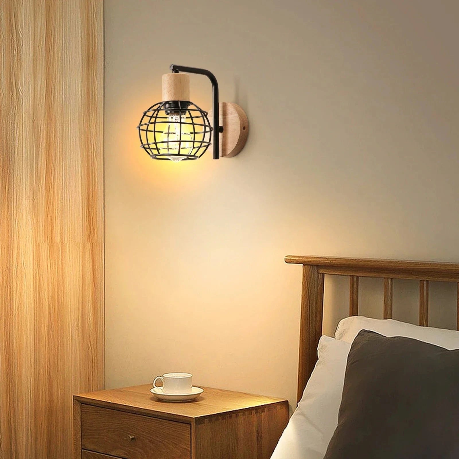 Vintage Wood Wall Sconce with E27 Lampshade for Bedroom, Living Room, Restaurant & Bar Norenza