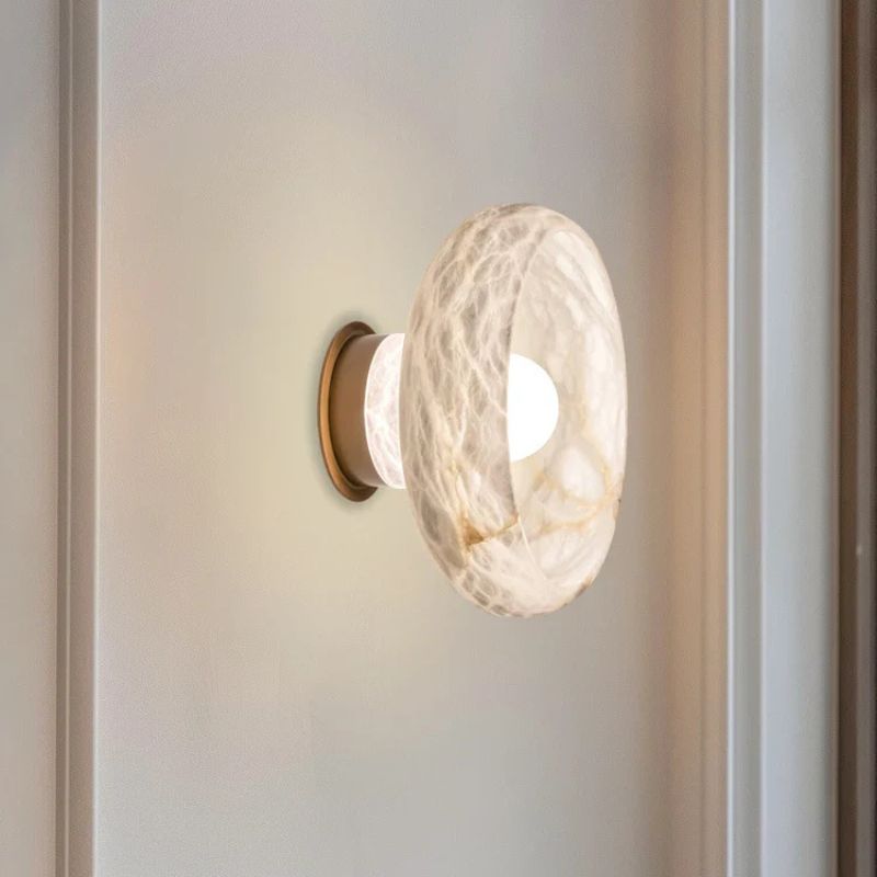 Natural Snowflake Marble and Brass Nightstand Lamp