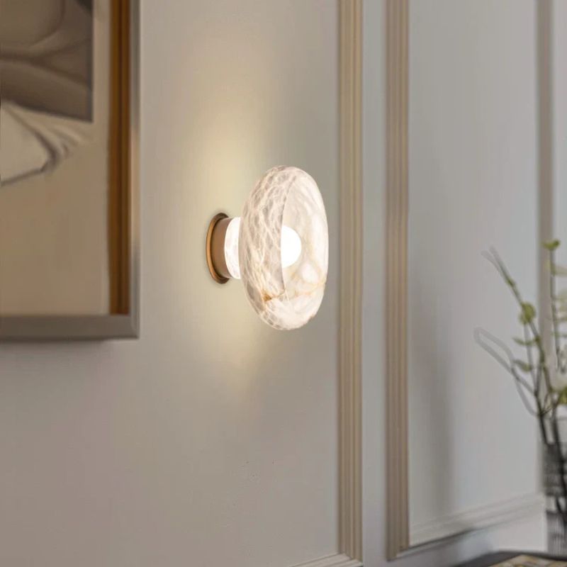Natural Snowflake Marble and Brass Nightstand Lamp
