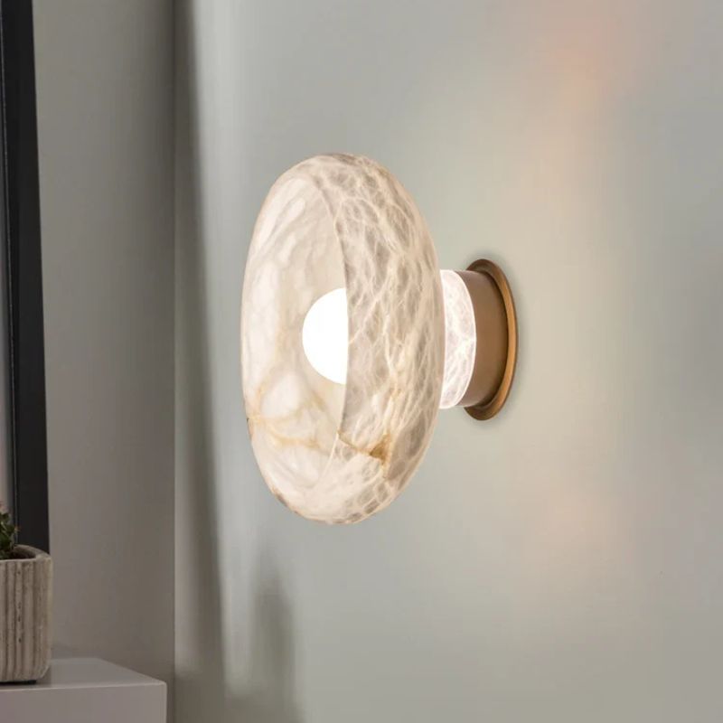 Natural Snowflake Marble and Brass Nightstand Lamp