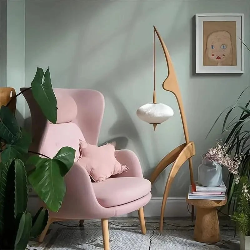 Walnut Wood Design Floor Lamp with Hanging Light Norenza