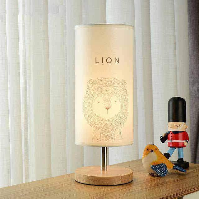 Wooden Nightstand (or Desk) Lamp with Animal Design for Kids Lion Norenza