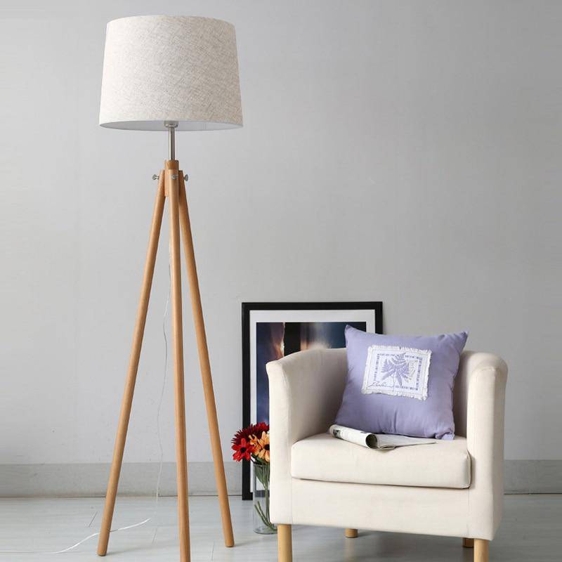 Wooden Tripod Floor Lamp with Fabric Shade Beige Norenza